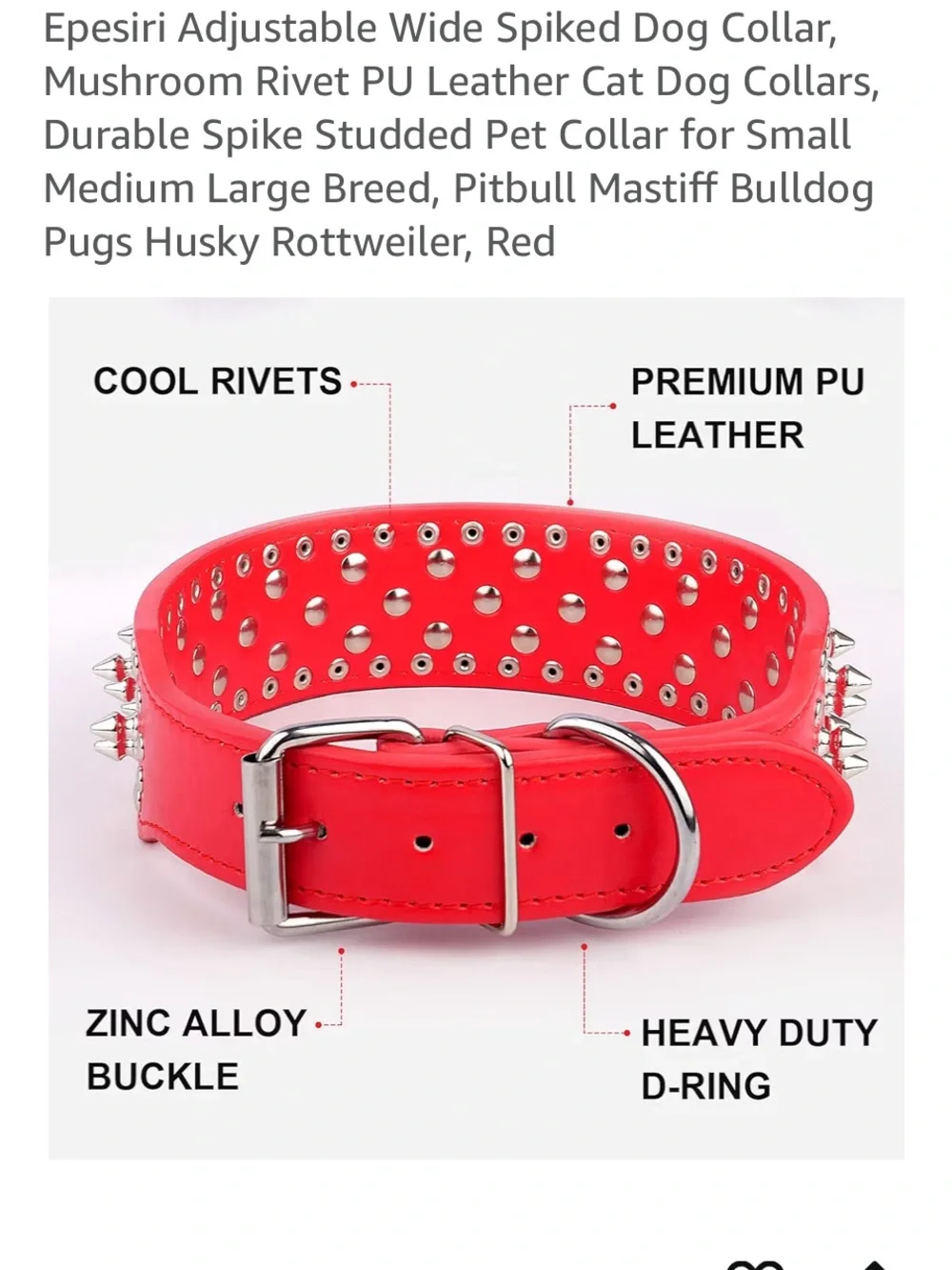 New Red Spiked PU Leather Dog Collar - Adjustable Studded Pet Collary- 16”-19”.